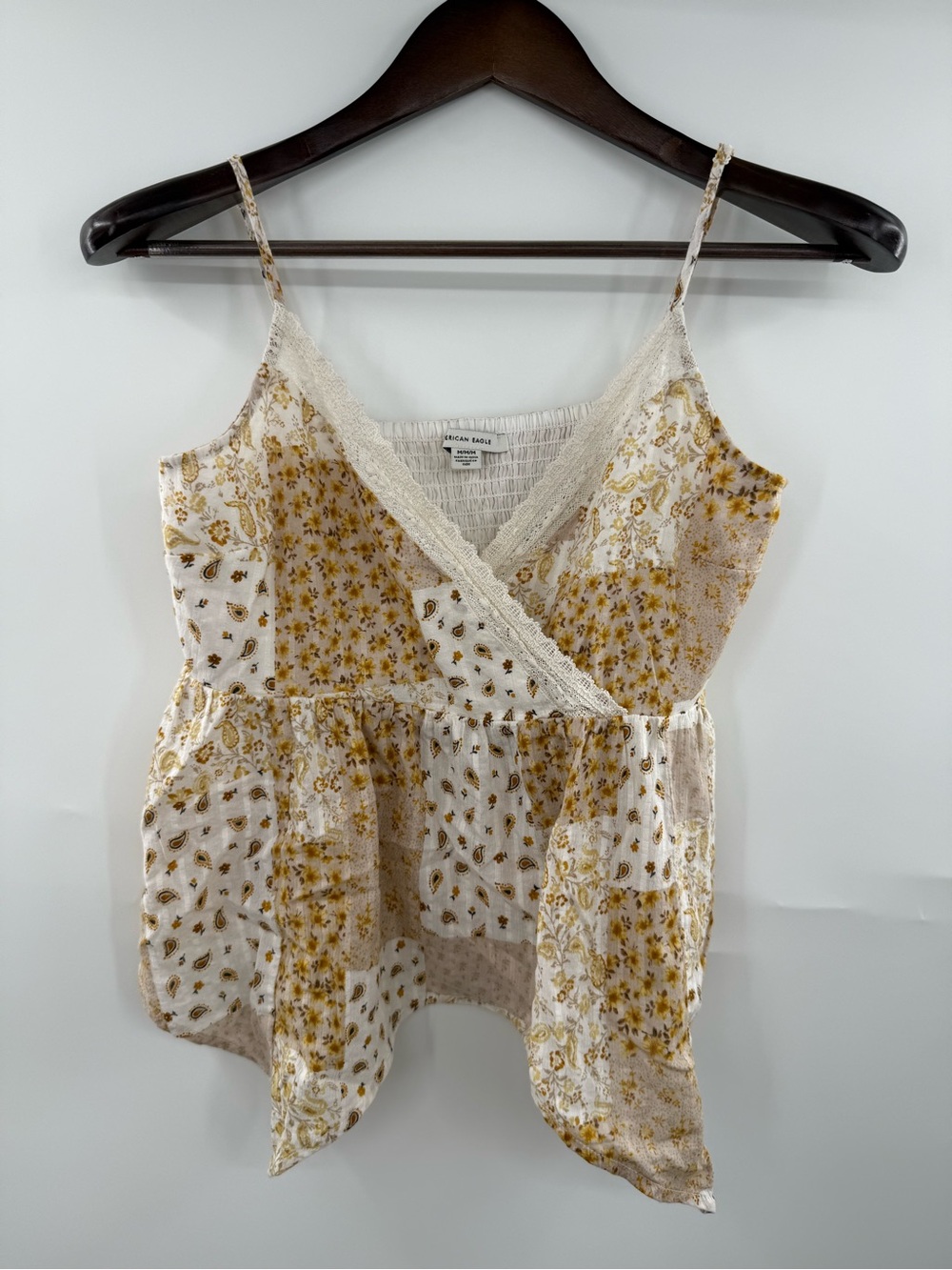 American Eagle Medium Patchwork Babydoll Cami Floral Lace Hanky Hem Fairy Boho